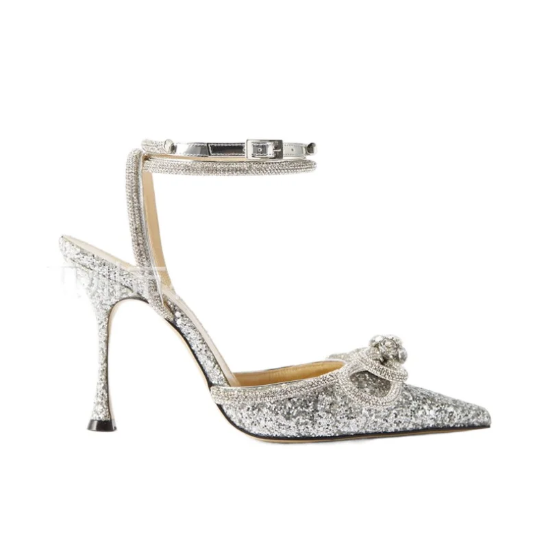 Women Pumps Office Career Summer Sequined Cloth 8CM Thin High Heels Pointed Toe Buckle Strap Butterfly-knot Solid Woman Shoes