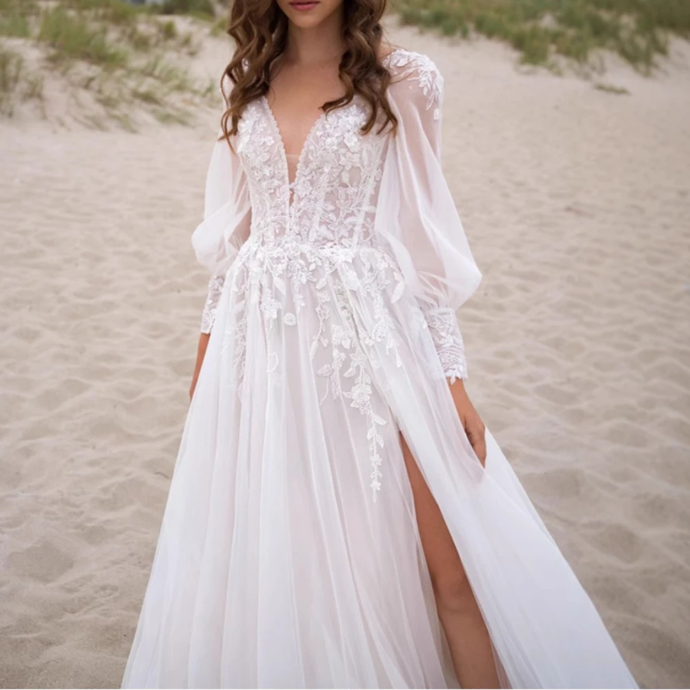 Boho Deep V Neck Long Puff Sleeve Lace A Line Wedding Dress Side Slit Floor Length Tulle Bridal Gown Vestido De Novia