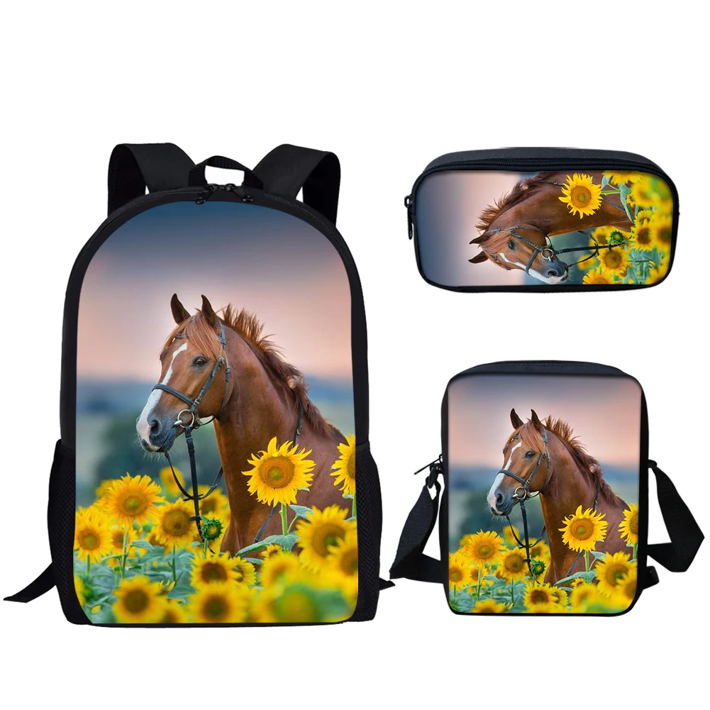 

Belidome Horse Sunflower Print 3Set School Bags for Teen Boys Girls Casual Backpack for Primary Student Bookbag Mochila Infantil