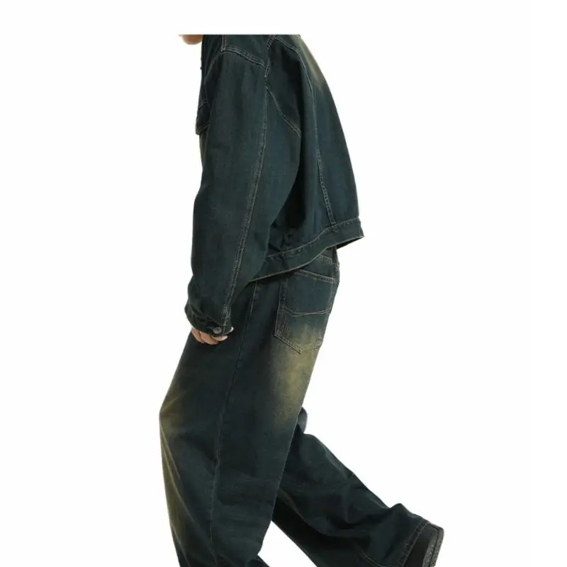 Street American Retro Straight-leg Jeans for Men Hip-hop Washed and Distressed Loose and Versatile Straight-leg Trousers