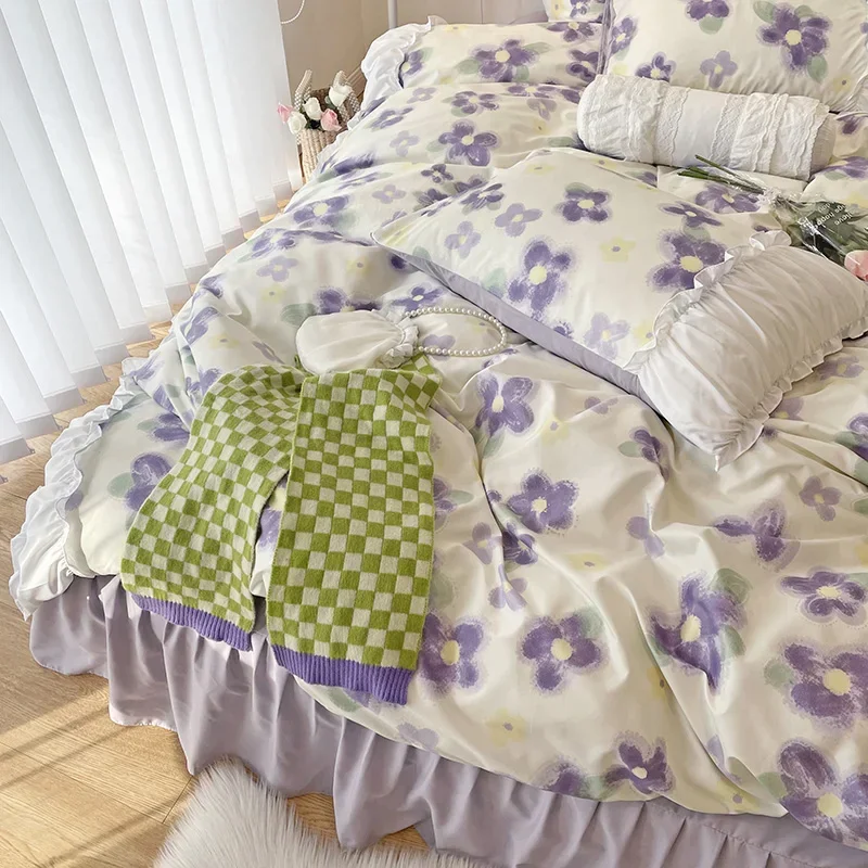 Laciness Purple Floral Polyester Bed Sheet Duvet Cover Pillowcase Four-piece Spring Autumn Summer Bedding Set Bed Shirt M066-11