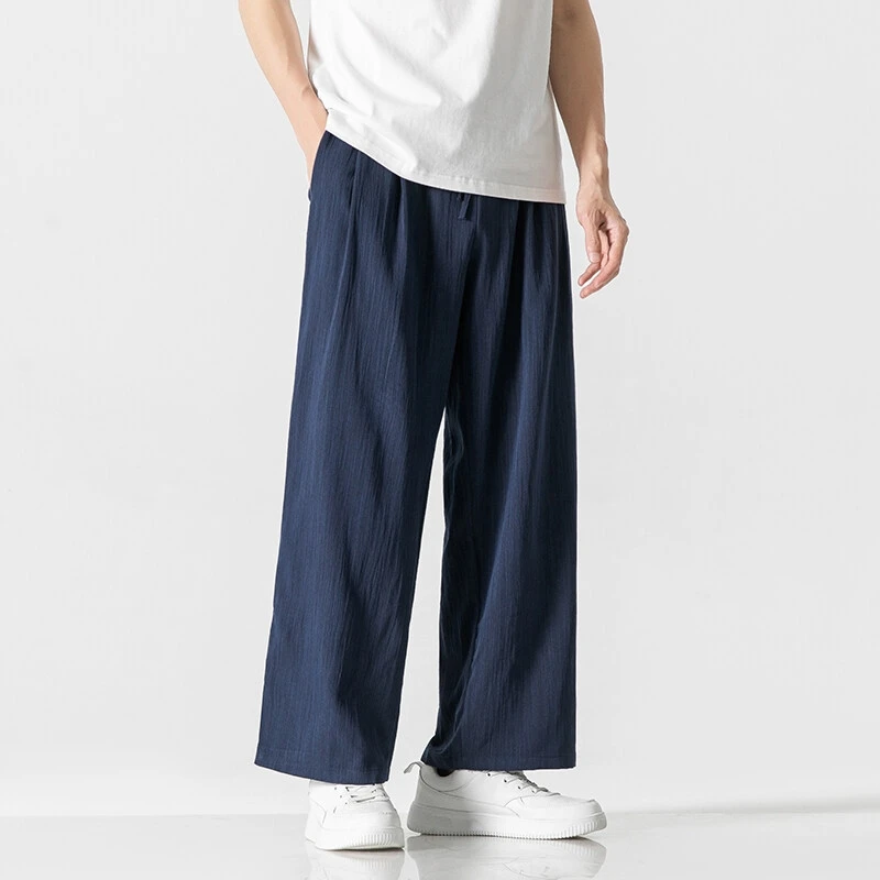 Men Cotton Linen Wide Leg Pants Straight Leg Pants Summer Light Thin Elastic Waist Sweatpants Loose Oversize Solid Casual Pants