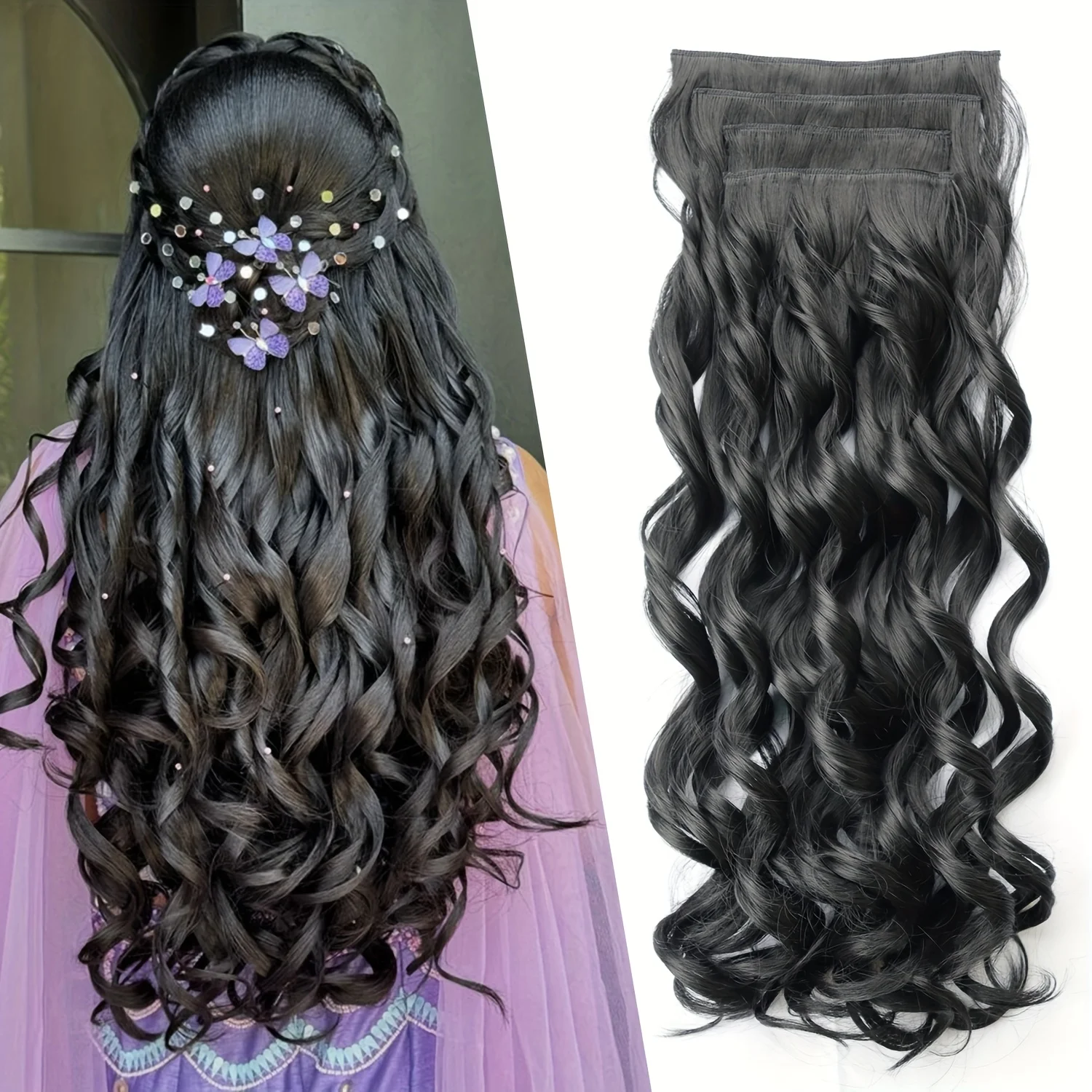 20 Inch 6 PCS Clip In Hair Extensions Synthetic Long Wavy Invisible Clip In Hairpiece Black Soft Full Head Hair Piece For Women