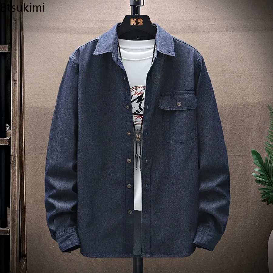 100% Pure Cotton Men's Long-sleeved Denim Shirt Solid Color Simple Shirt Men's Casual Fit Tops Men's Spring Autumn Shirt Coat