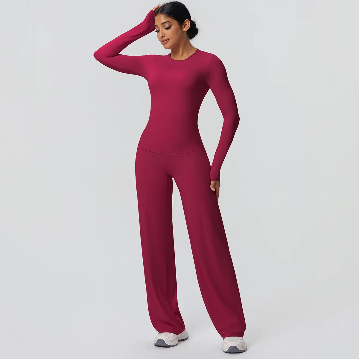 2 stück Frauen Gym Yoga Set Lauf Shirts Schlank Lange Ärmel Workout Top Schnell Trocknend Hohe Stretch Breite Bein Hosen dünne Yoga Set – Detail 38