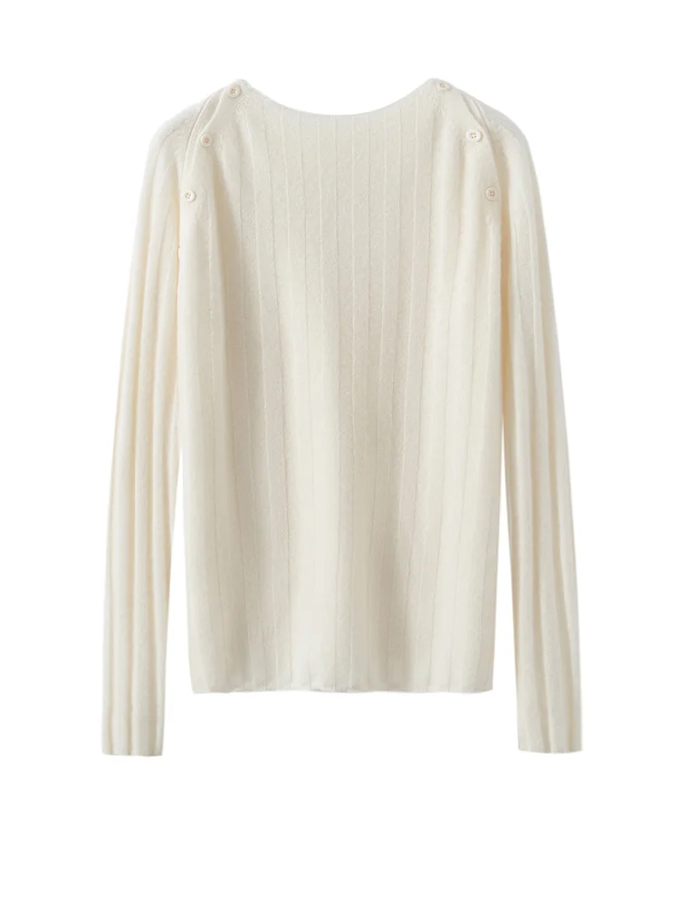 Suéter adelgazante de rayas verticales para mujer, Jersey de punto de Cachemira 100%, diseño de botones de doble botonadura, cuello oblicuo, Top suave y cálido