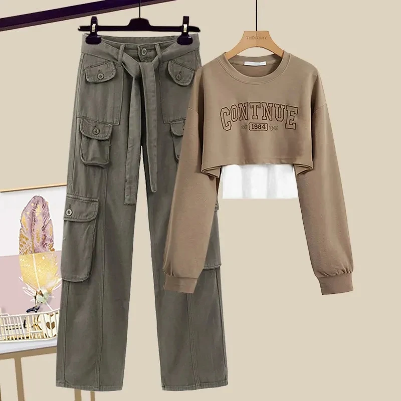 Ropa de estilo Safari para mujer, a la moda con letras Camiseta corta de retazos, pantalones Cargo, Conjunto de sudadera de 2 piezas 2023