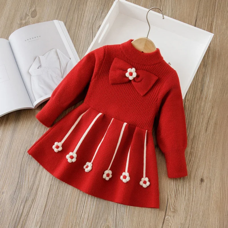 Girls Sweater Dress 2024 Winter New Solid Color Flower Decal Long Sleeve Christmas Dress  Knit Sweater