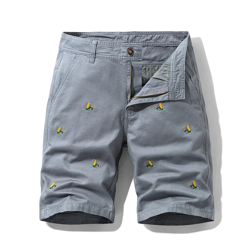 Classic Summer Embroidery Design Men's Casual Shorts Korean Style Fashion Cotton Straight Cargo Green Short Pants Male