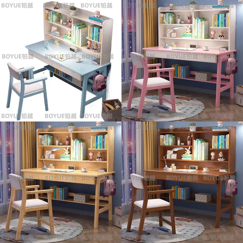 Solid Wood Kids Study Desk with Bookshelf Children Writing Table Chair Set for Boys Bedroom Home School Furniture Learning