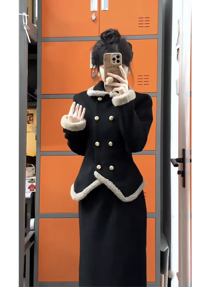 Inverno conjunto de três peças feminino estilo menina rica design destacável capa manga longa casaco cintura alta magro ajuste saia outfit