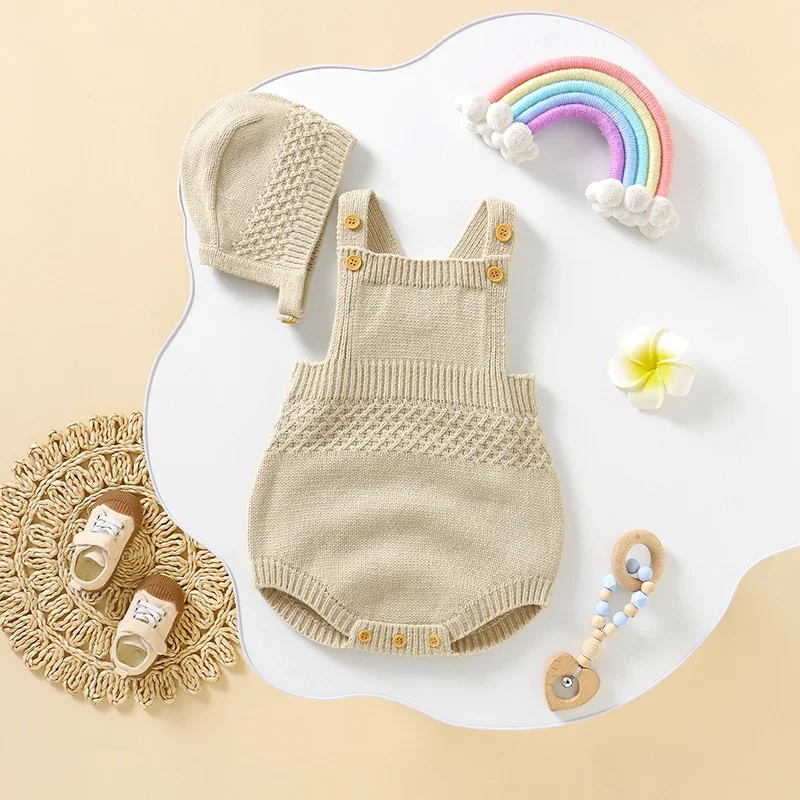 

Baby Bodysuit Hat 2PCS Knit Infant Girls Newborn Boys Jumpsuit Fashion Solid Child Clothes Overalls Sleeveless 0-18M Tops Summer