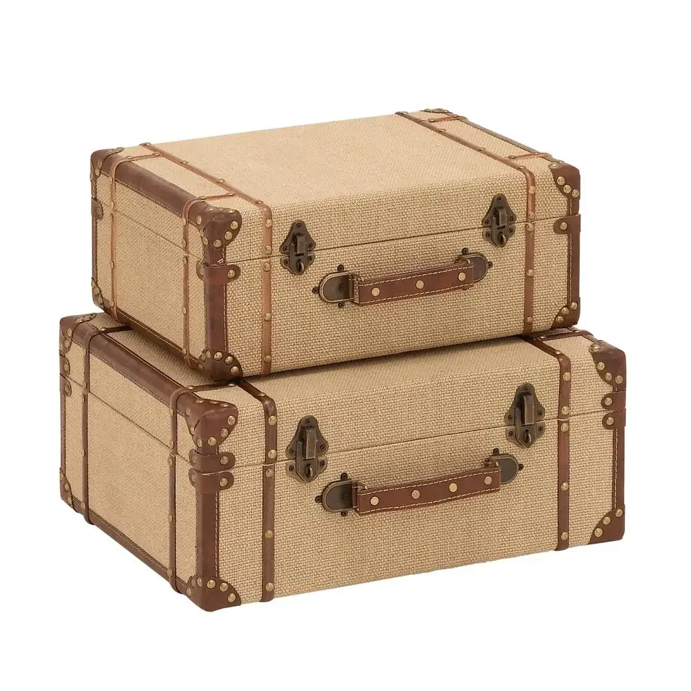 Vintage Beige Wooden Nesting Trunk Set with Brass Hardware Upholstered 2-Piece Decorative Storage Box Antique Style Rectangle