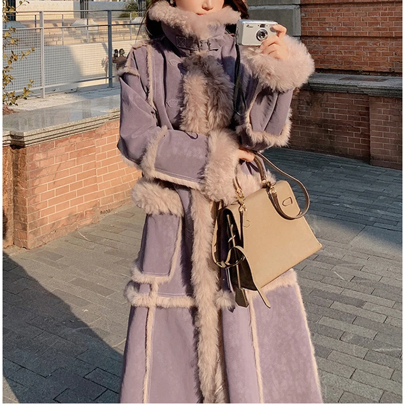 

Women's Long Shearling Coat Suede Patchwork Fox Fur Trim Parka Luxury Winter Outerwear Belted Slim Fit Faux Fur Over coat