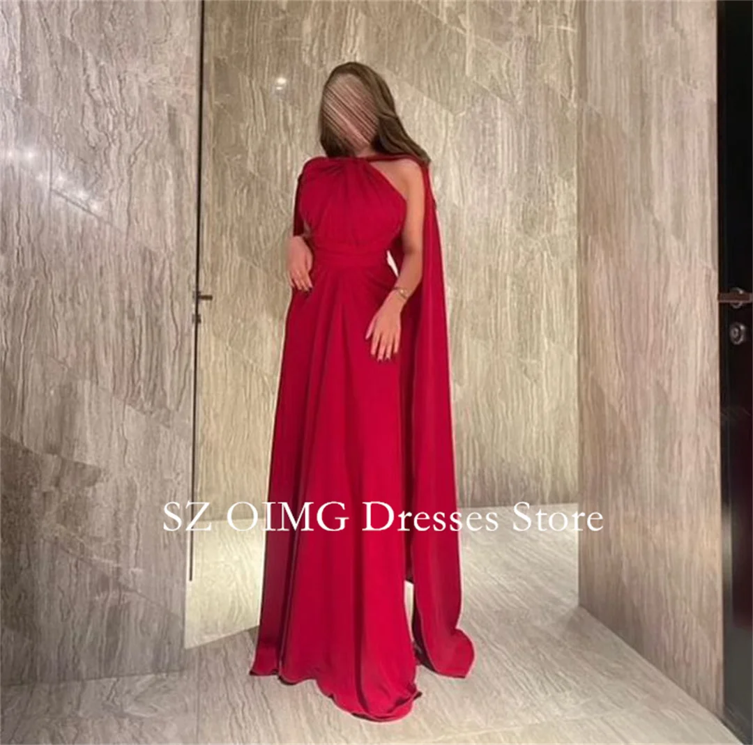 

OIMG Saudi Arabia Crepe Satin Prom Dresses with Cape Halter Neck Dress Red Color Dress Formal Women Wedding Party Gowns