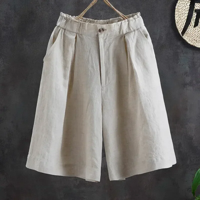 Women's Summer Shorts Cotton Casual Solid High Waist Shorts Elastic Waist Button Cozy Loose Linen Fashion Shorts  2025 New