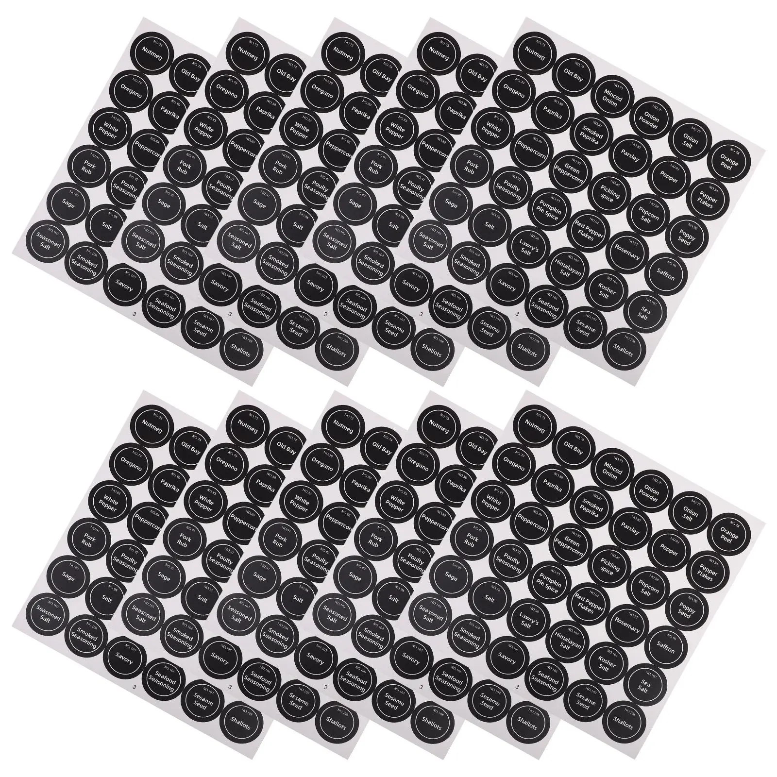 

20 Sheets Preprinted Waterproof Spice Jar Labels Round Black Design English Names for Kitchen Seasoning Storage Containers