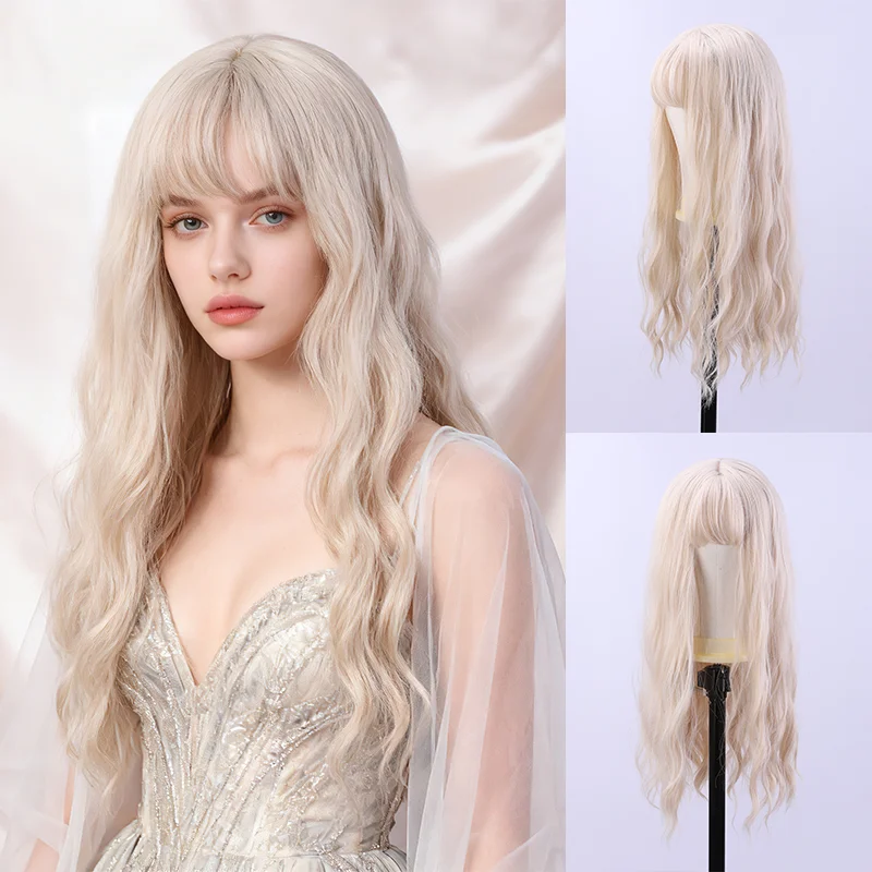 

27 inch pure white wavy long curly synthetic wig for women with bangs, naturally curled light colored wig that can be styled