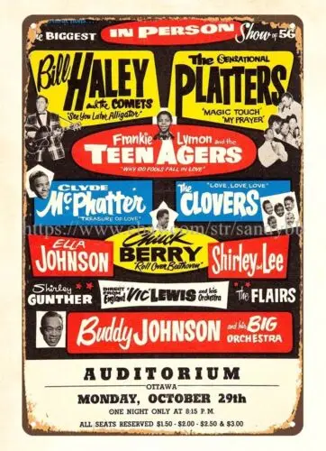 1956 Chuck Berry, Bill Haley, Sensational Platters Concert metal tin sign art