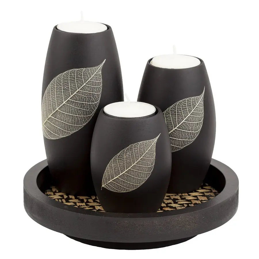

Candle Holder Set with Tray 3 Handmade Wood Tealight Holders, Black Leaf Design, Winter Home Decor, SpaInspired Holiday Centerpi