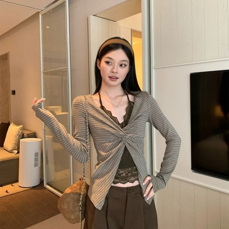 Women Mock Neck Halter Two Piece Look Long Sleeve T-shirt New Slim Fit Inner Basic Top, Wheat Color Layering Shirt