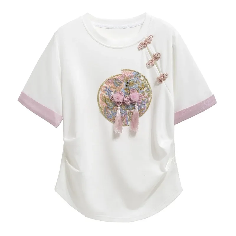 

Cotton Chinese Style Women's T-shirt Summer Embroidery Tees Short Sleeve Loose Women Tops O-neck Vintage Clothing 2024 Korean