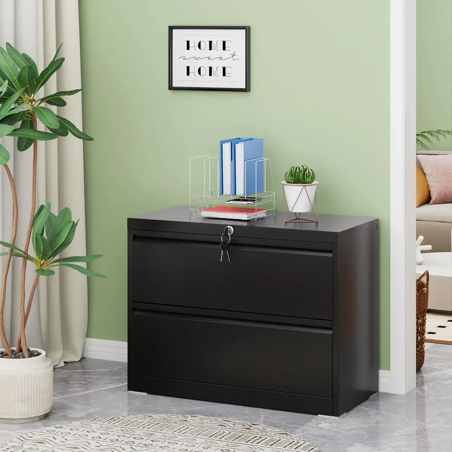 Lateral File Cabinet,2 Drawer Metal Wide Filing Cabinet with Lock, Suitable for Home Office School Hanging Files Letter