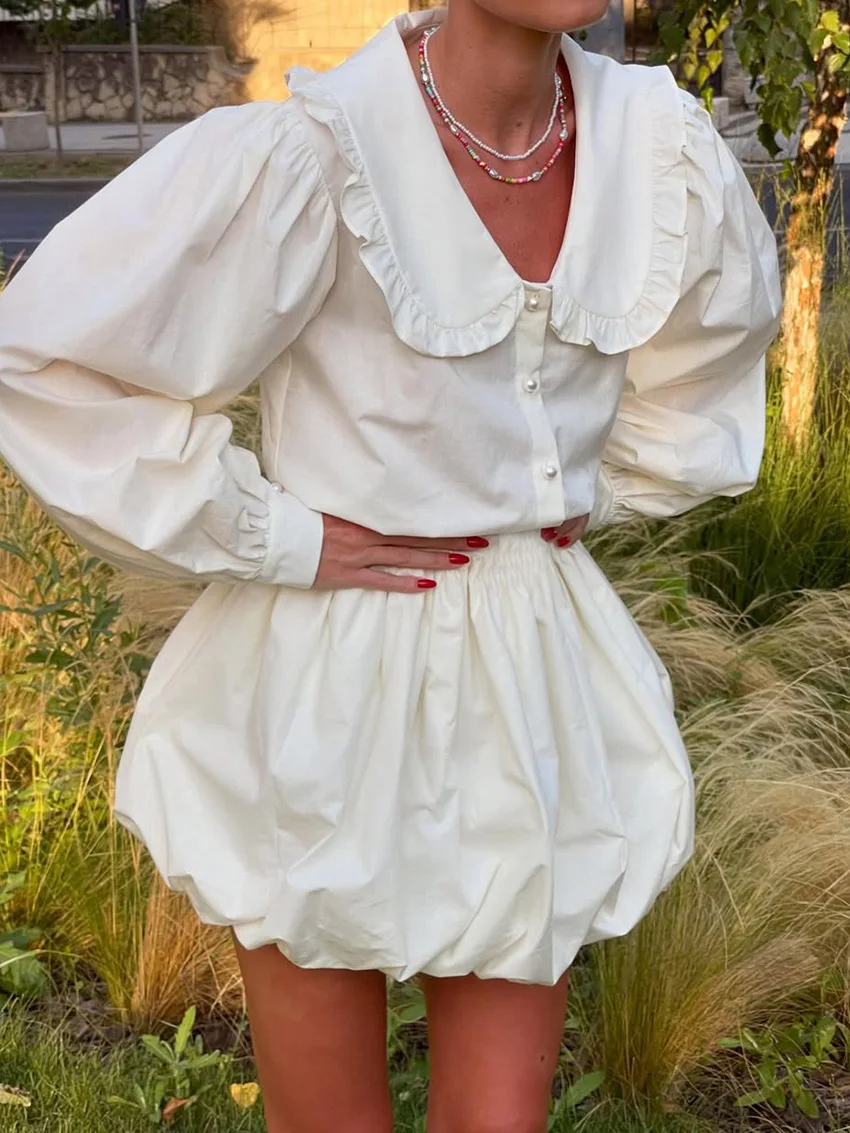 Marthaqiqi ملابس نوم نسائية غير رسمية مجموعة بدوره إلى أسفل طوق منامة طويلة الأكمام ملابس خاصة التنانير القطن المرأة ثوب النوم 2 قطعة دعوى