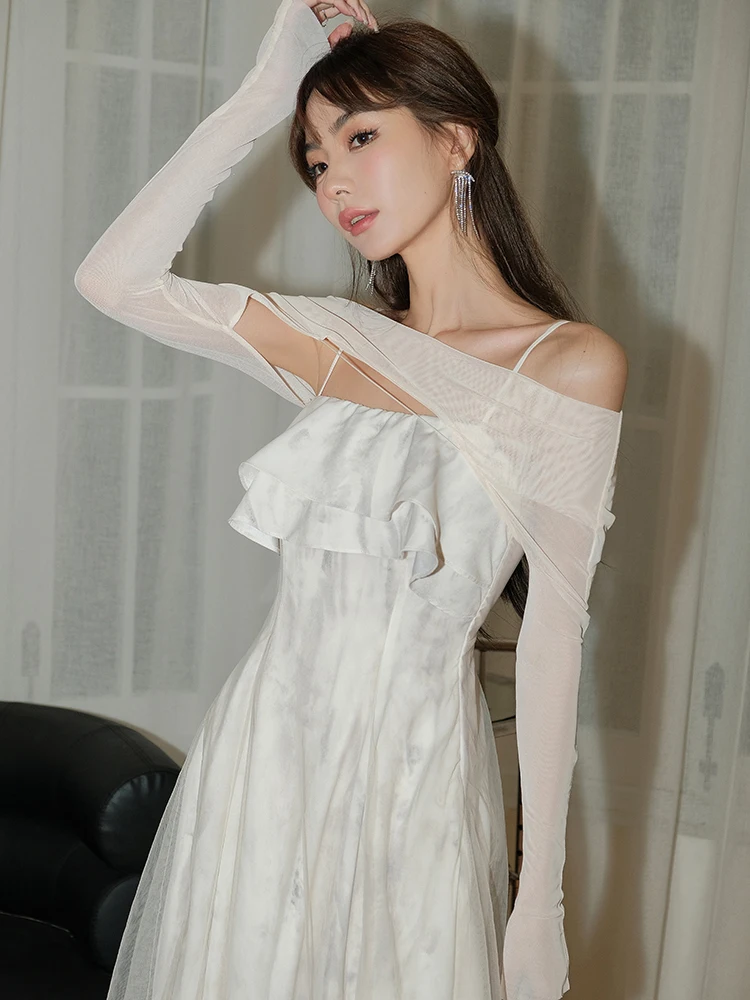 Spring and Summer 2023 New French Two-piece Suit Dress Female Sweet Strap Ruffled Gauze Mid-length Dress + Long Sleeve Blouse