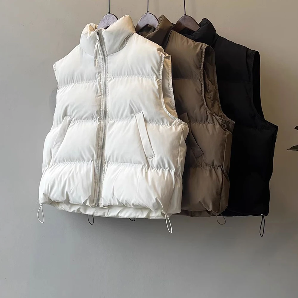 

Women's New Solid Cotton Padded Vest Autumn Winter Korean Style Thick Warm Sleeveless Stand Collar Pockets All-Match Vests Coats