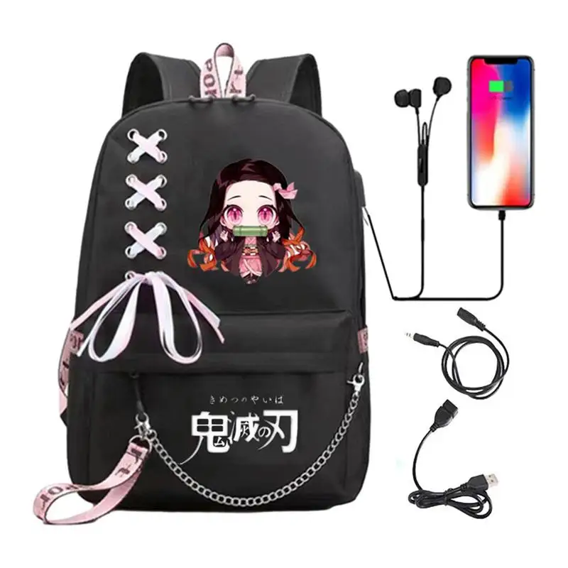 

Anime Bag Demons Slayer Anime Shoulders Bags With USB Charge Port Large Capacity Student School Bookbag Zip Travel Laptop Bag
