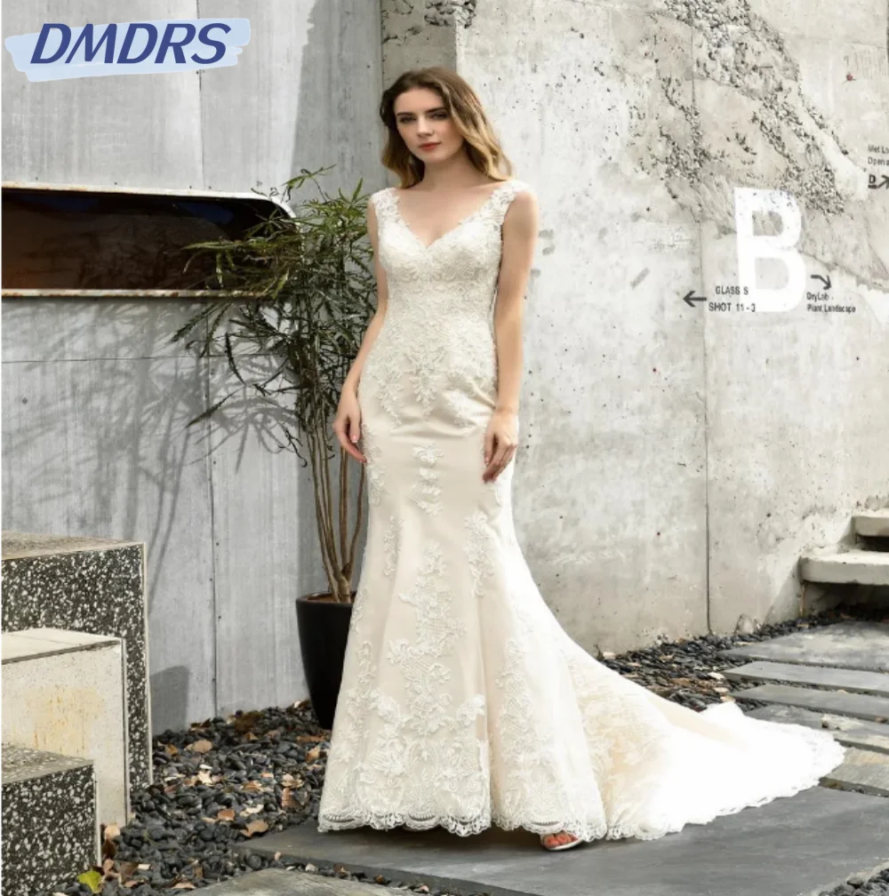 Elegantes Brautkleid mit V-Ausschnitt weiße Mode Spitze Trompete Brautkleid klassisches sexy ärmelloses Brautkleid vestidos de novia