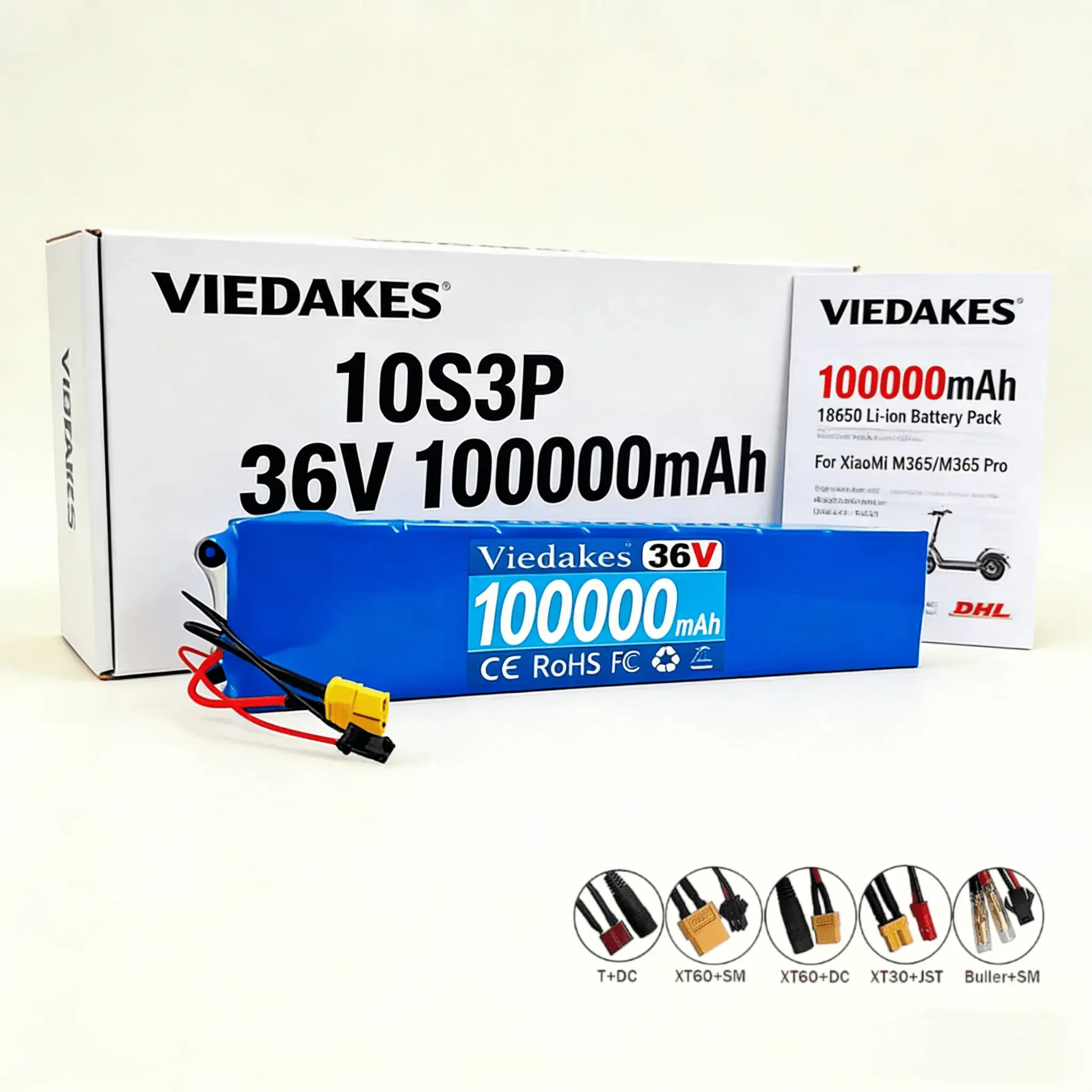 

For Xiaomi M365/M365 Pro: 36V 10S3P 100Ah 18650 Li-ion Battery Pack, BMS Protected, Multiple Plugs, CE RoHS Certified