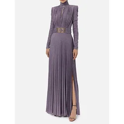 Tinaa 2024 Women's Pleated Solid Color Split-side V-back Long Sleeves High-neck Maxi Dresses Banquet Evening Dresses