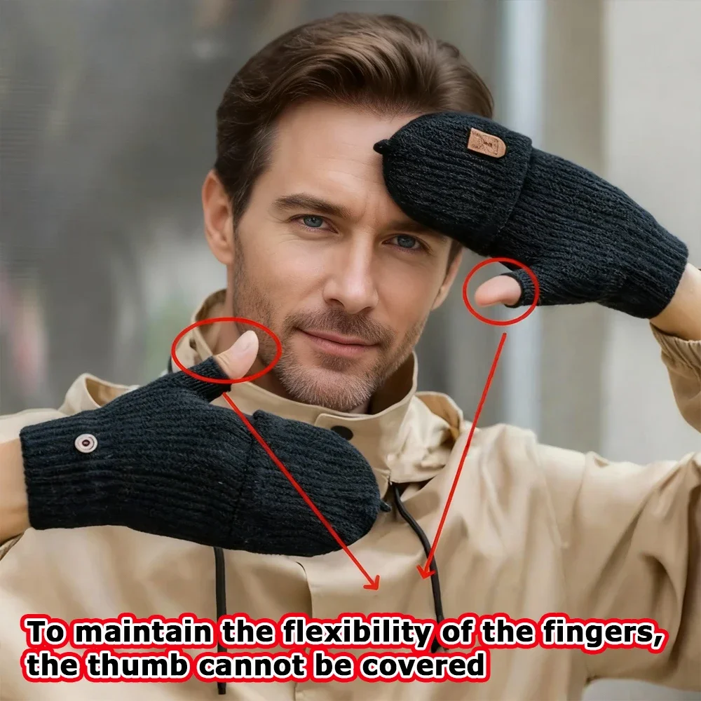 قفازات شتوية دافئة نصف إصبع قابلة للطي، مناسبة للرجال للاستخدام الداخلي والخارجي، مناسبة للكتابة الداخلية #3