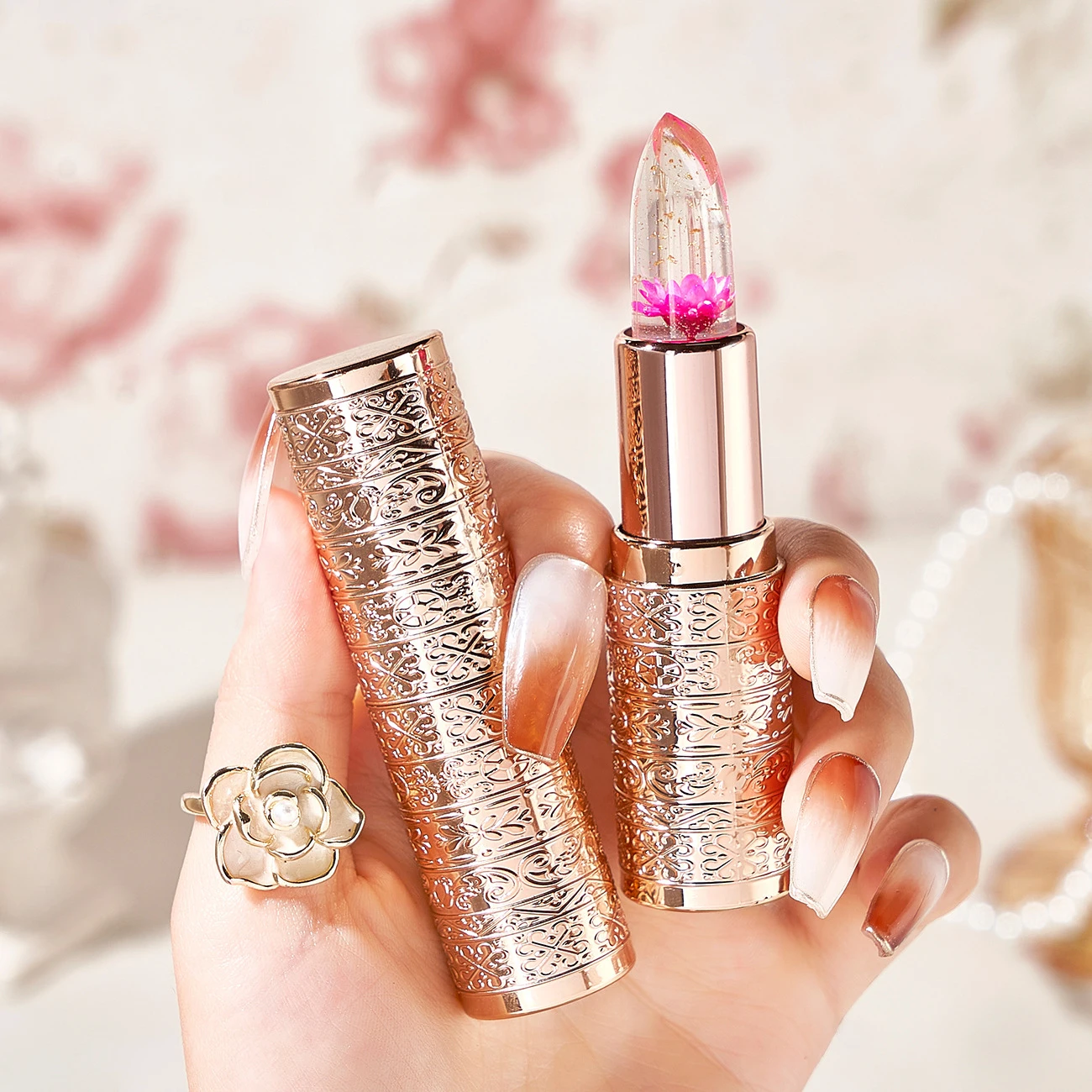 Moisturizing Flower Lipstick Gold Temperature Color Changing Lip Balm Long Lasting Transparent Jelly Lipstick Women Makeup