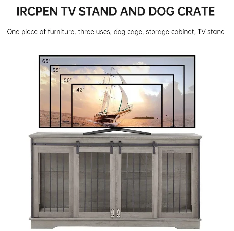 Large Dog Crate Furniture For 2 Dog Wood Dog Crate Cage Furniture With Removable Divider Sliding Door TV Stand Indoor Kennel