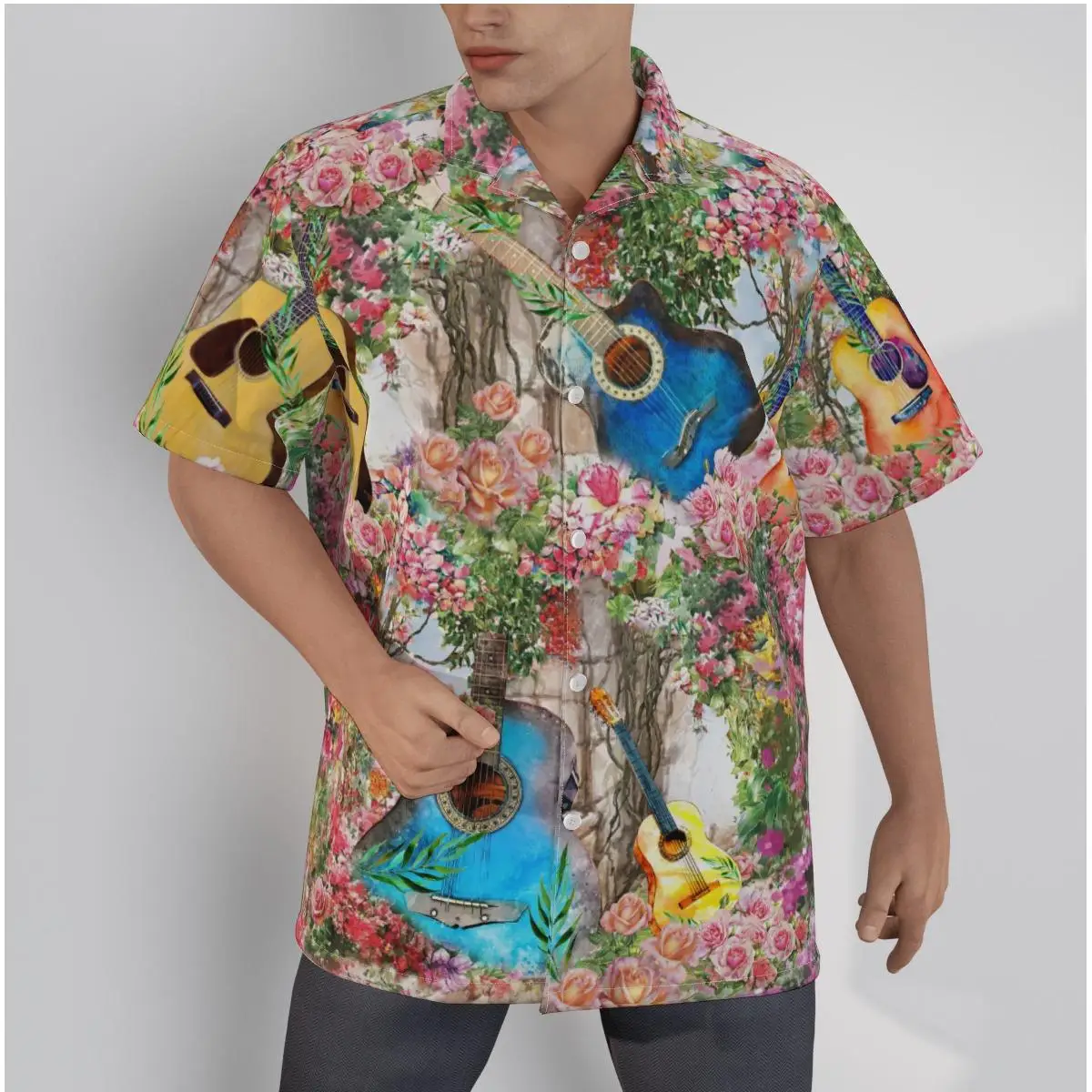 

Men's Hawaiian Shirt Guitar Print Creative Beach Short Sleeve Summer Casual Button Up Patchwork Tops 3D Shirts