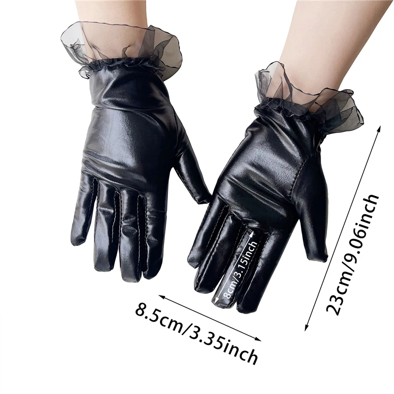 Fashion Sexy Lace Short Gloves Women Patent Leather Gloves Gothic Ruffled Full Finger Gloves Ladies Night Club Dance Mittens NEW