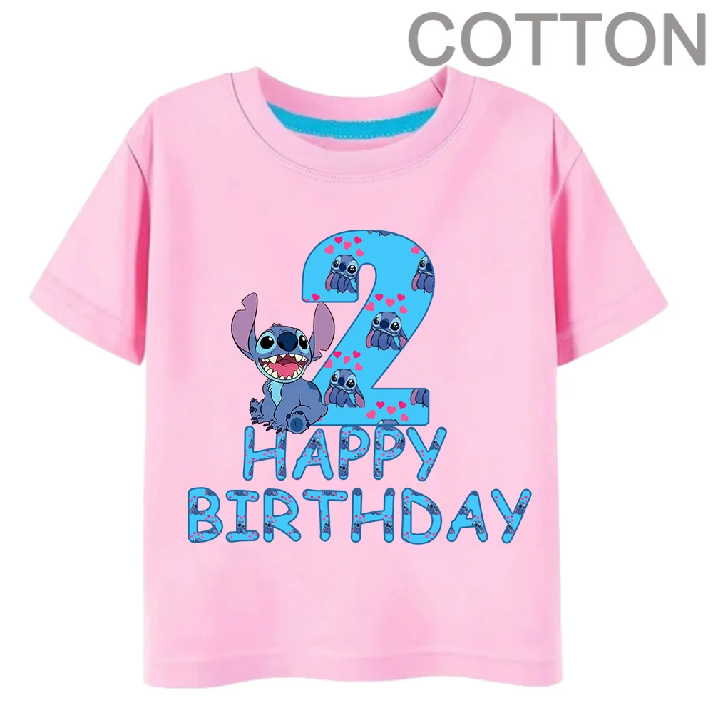 Pink Lilo Stitch Children Birthday Number 1-14 T Shirt Kid Kawaii Boy Girl Casual Clothes Anime Cartoons Kids T-shirts Tops Tee