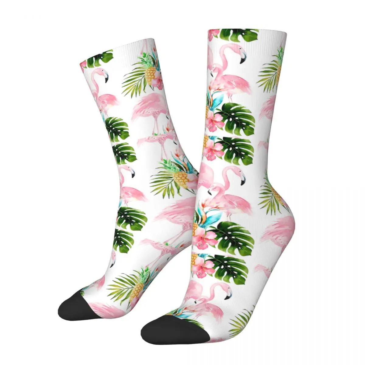 Men's Socks Pink Flamingo Tropical Foliage Vintage Harajuku Animals Street Style Novelty Crew Crazy Sock Gift Pattern Printed