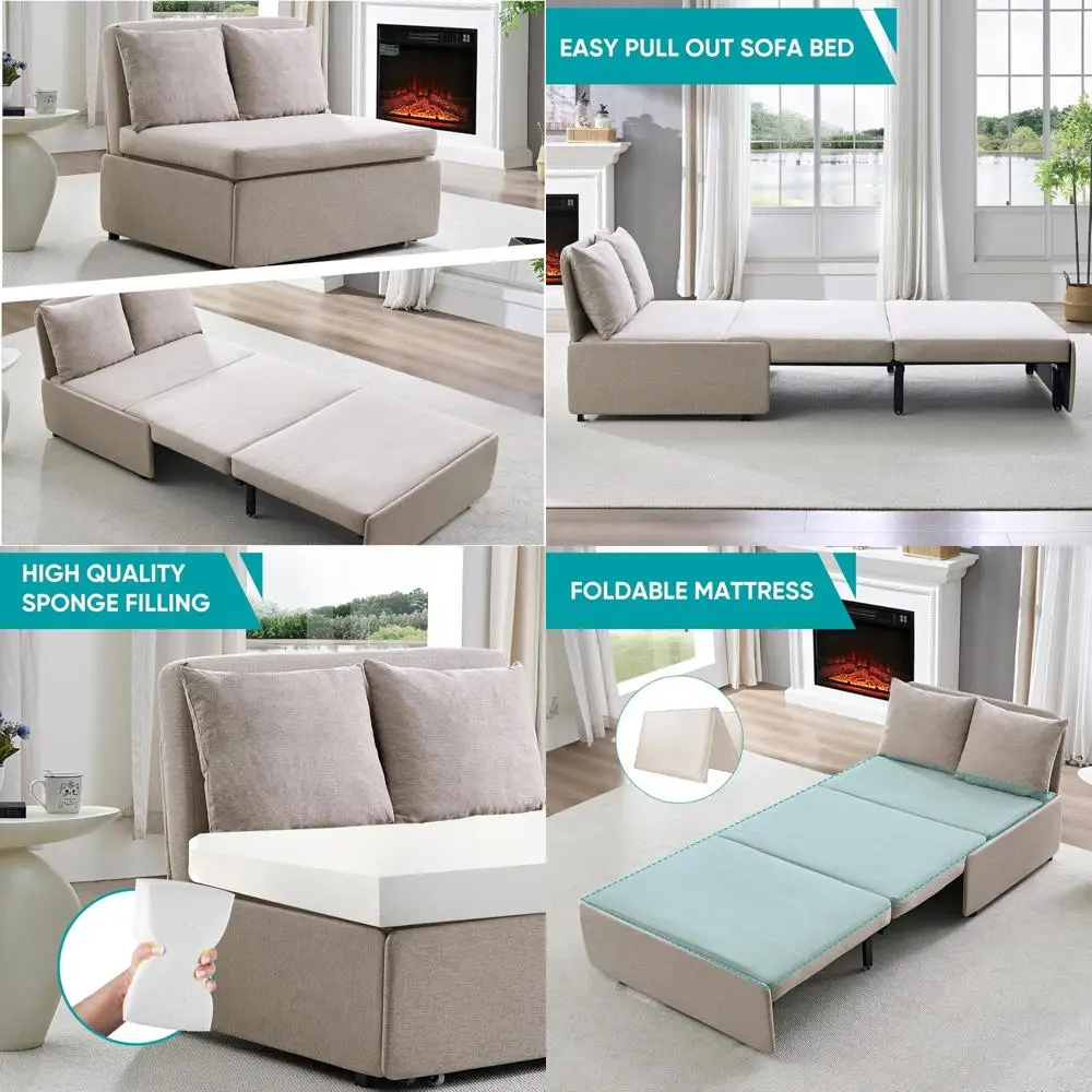 Twin Size Linen Sofa Bed with Pull Out Sleeper Couch, Convertible 2-in-1 Armless Chair for Comfortable Sleep and Relaxation