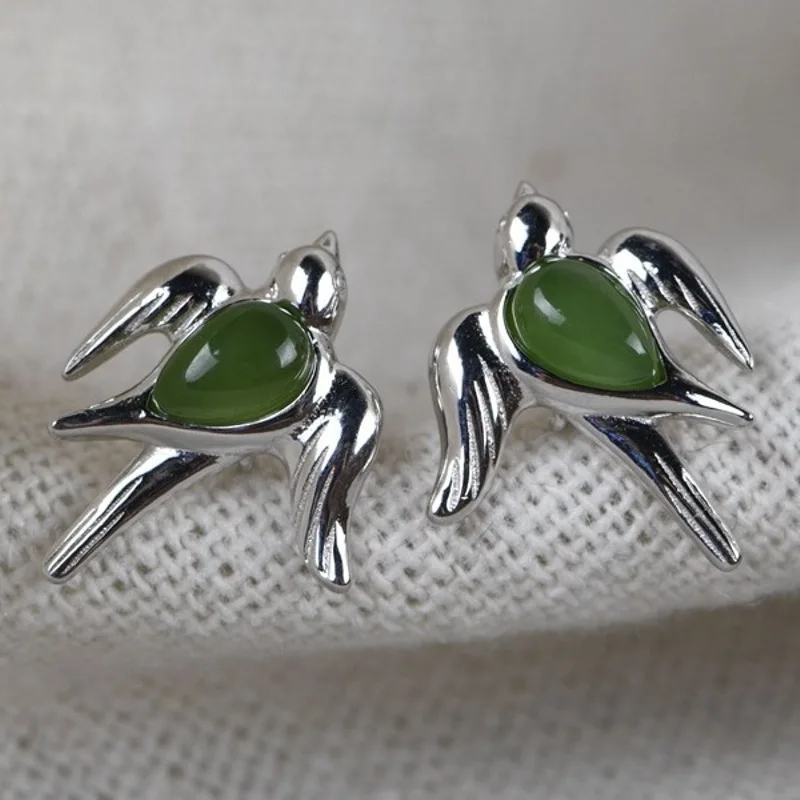 

Real Solid 925 Sterling Silver Stud Natural Jade Jasper Women Lucky Bird Swallow Earrings 2.8g