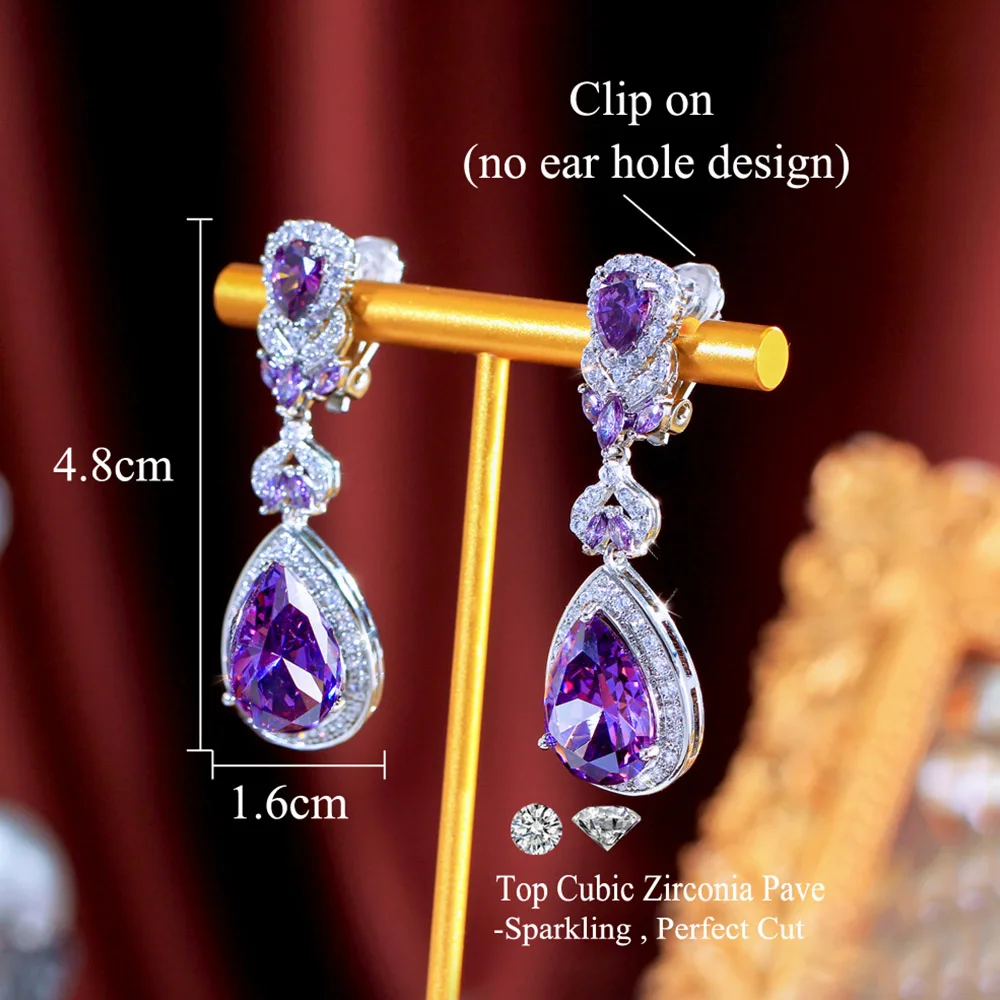 CWWZircons Bezaubernder lila Wassertropfen-Ohrclip mit Zirkonia-Besatz, Ohrringe ohne Ohrloch für Damen, Abendparty-Schmuck EJ0045 – Detail 1