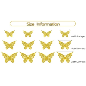 3D Hollow Gold Butterfly Wall Aufkleber, farbenfrohe Abziehbilder, Kinderzimmer, Hochzeitsdekoration, Zimmer, Party, Wohnkultur, Wohnzimmer, 12 Stcs pro Los 12 Hauptverkaufsdekoration Goldwand - №3