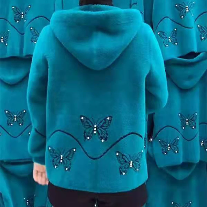 Middle Aged Elderly Women Fashion Butterfly Embroidery Rhinestone Velvet Mink Warm Coat Mother Casual Loose Button Hooded Jacket