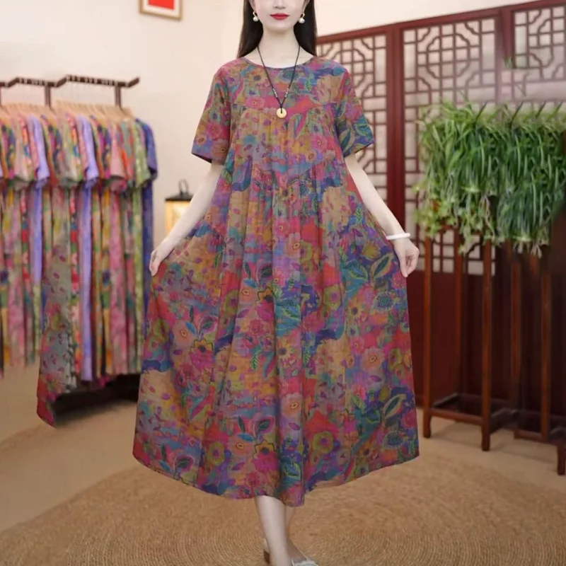 여성용 보헤미안 빈티지 코튼 린넨 미디 드레스 루즈핏 여름 통기성 플로럴 프린트 캐주얼 플러스 사이즈 드레스