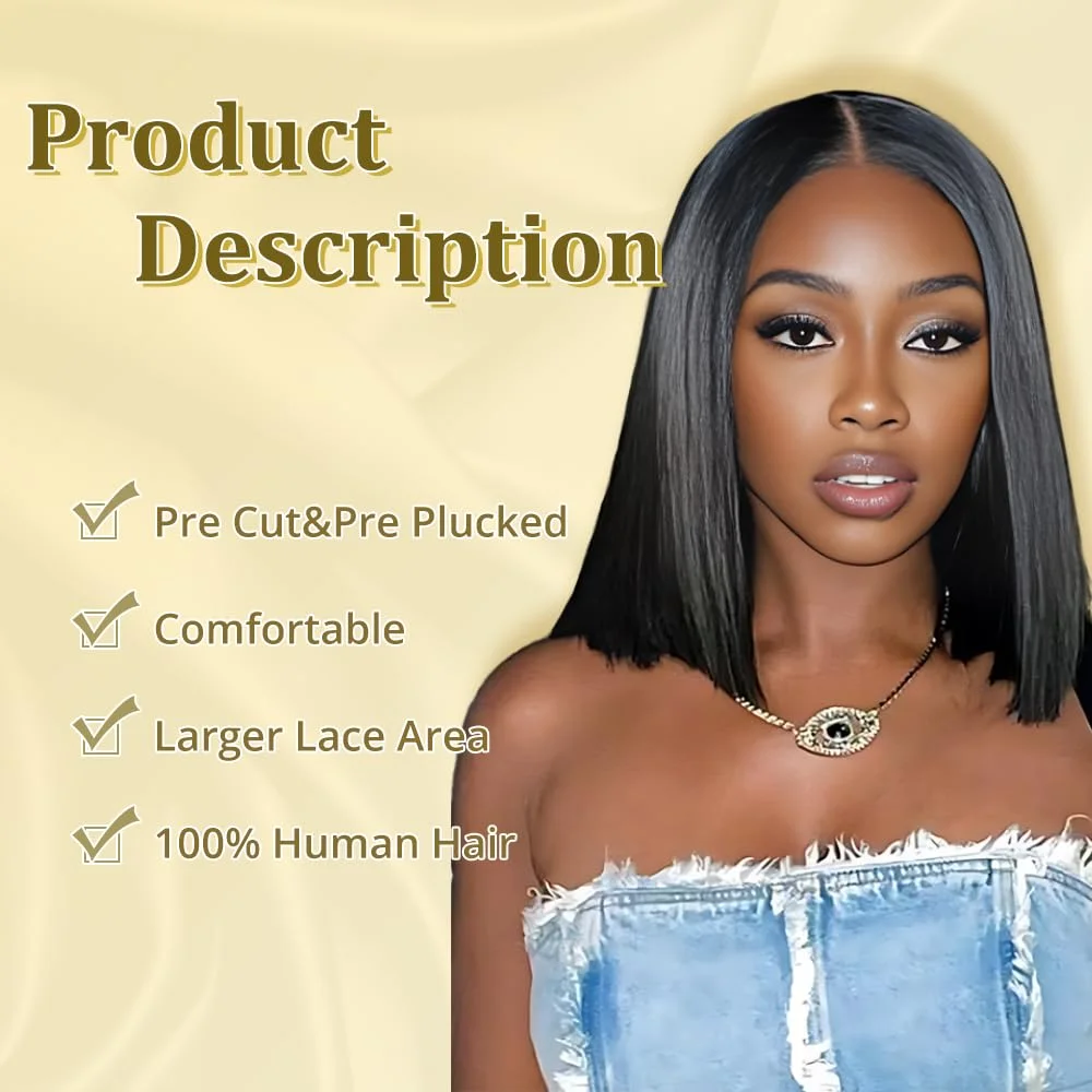 Perruque Bob Lace Front Wig sans colle brésilienne lisse, cheveux humains, 4x4, 5x5, prêt à porter, pour femmes