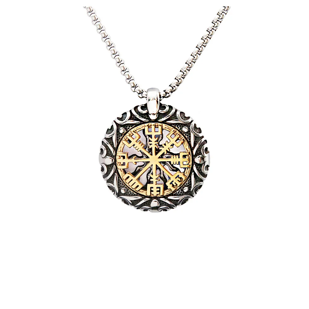 European And American Vintage Necklace Punching Compass Titanium Steel  Men Viking Pendant