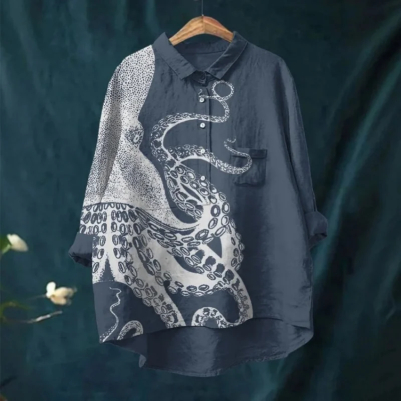 

Plus Size Vintage Long Sleeve Shirts Women's Half Button Pocket Japanese Art Octopus Graphic Print Casual Lapel Blouse 2026 Tops